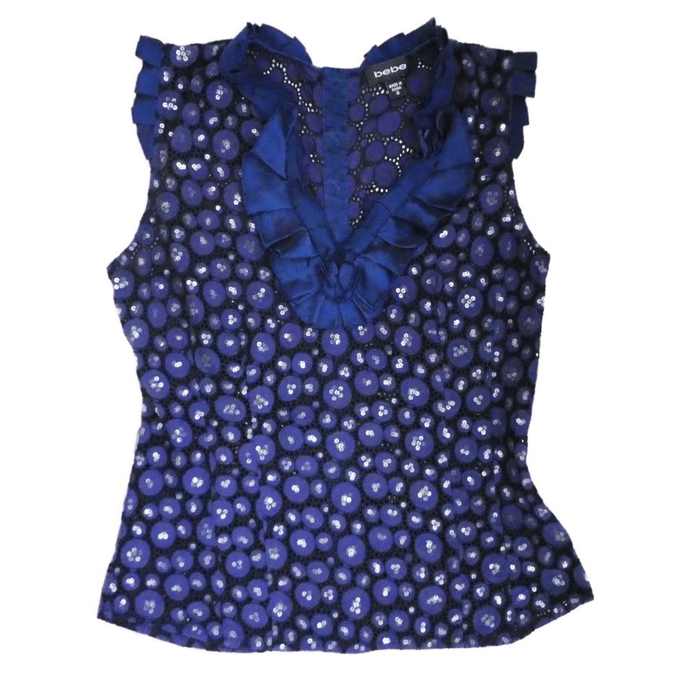 Y2K Bebe Navy Blue Top Satin Ruffles Sequins Lace Inset Side Zip Button Back S - Picture 9 of 10